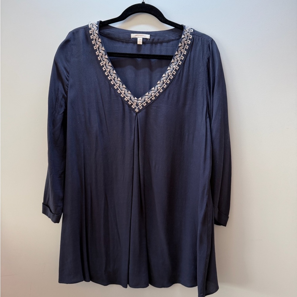 Skies Are Blue Navy Blouse with Embellished Neckline
